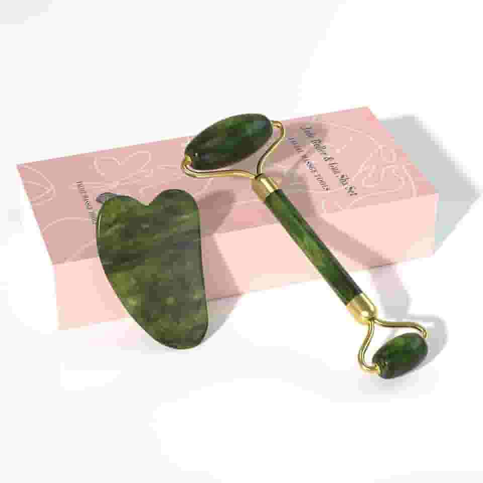 Conjunto de rolos de jade Gua Sha – Conjunto de cuidados com a pele facial, reduz o inchaço e melhora as rugas, ferramentas de cuidados com a pele de beleza natural, massageador facial para tratamento
