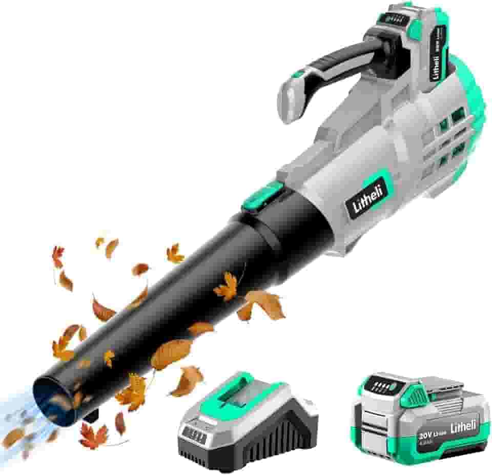 Litheli Soprador de folhas sem fio de 20V, soprador de folhas de bateria de 350 CFM, 85 MPH, sopradores de folhas de velocidades variáveis para limpeza de folhas, poeira, neve, gramado, quintal
