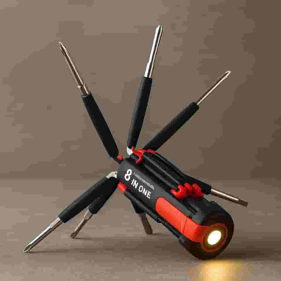 Kit Chave De Fenda E Phillips 8 Em 1 Com LED Integrado, Dobrável, Portátil, Compacto, Ideal Para Reparos Domésticos E Emergências, Marca VARENZIA