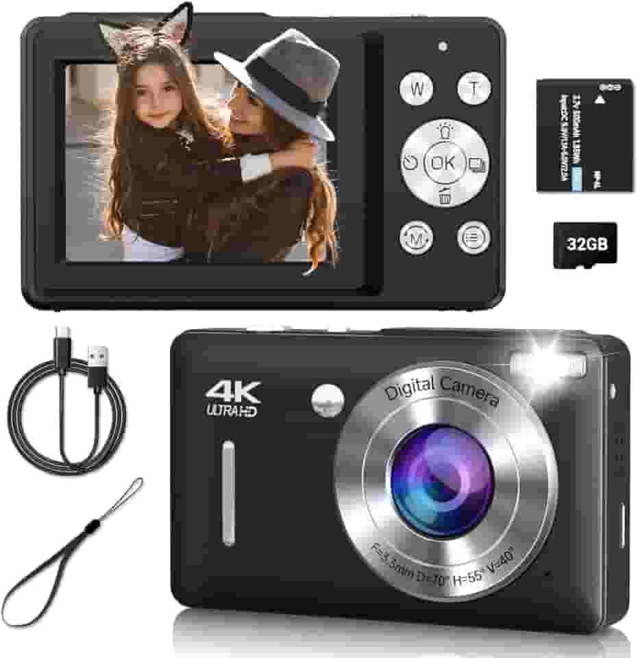 Câmera digital, câmera compacta de 44 MP, câmeras digitais FHD 1080p Point and Shoot com zoom de 16X, detecção de rosto, captura de sorriso, antivibração, para meninos e meninas adolescentes (preto)