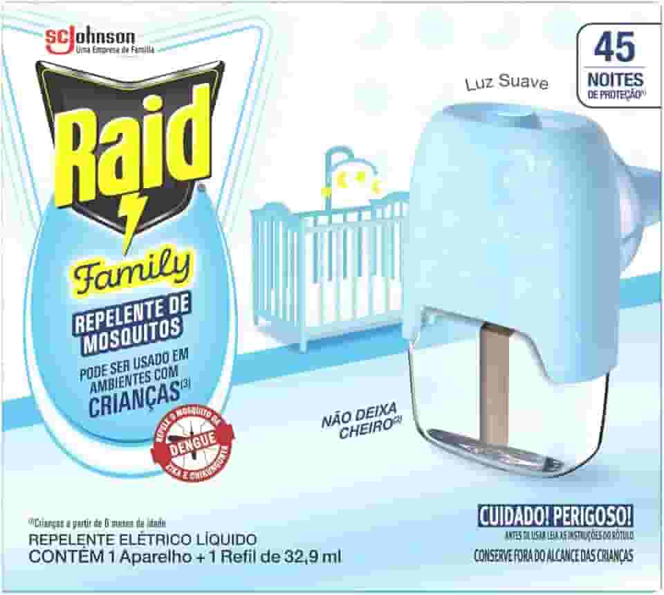 Raid Repelente Eletrico Líquido Family, 45 Noites, 1 Aparelho e 1 Refil de 32,9ml