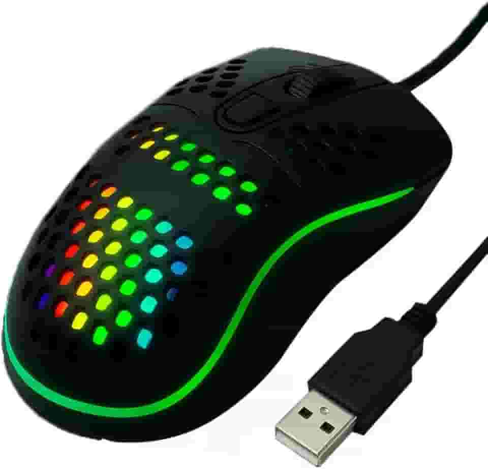 Mouse Gamer RGB, 1600 DPI, 4 Botões Design Colmeia com LED, USB para PC e Notebook, Preto Com Fio