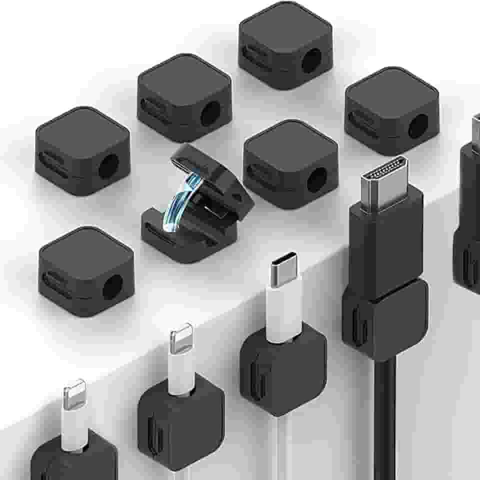 Pacote com 12 clipes magnéticos para cabos, clipes de gerenciamento de cabos de mesa, organizador de cabos para casa, escritório, telefone, parede, mesa de cabeceira, preto
