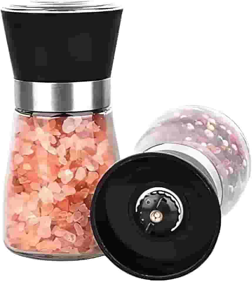 Kit 2 Moedor Triturador Giratório de Sal Pimenta Premium em Vidro Aço Inoxidável Tampa Preta para Grãos Condimentos Secos Temperos Saleiro Pimenteiro de Mesa Ideal Cozinha Restaurante Hamburgueria