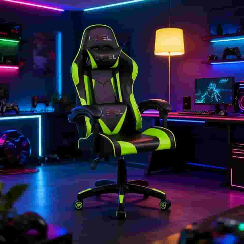 Cadeira Gamer Level LV-C01DN Reclinável Até 100kg, Ergonômica, Ajuste de Altura, Apoios Lombar e Cervical, Conforto para Longas Sessões (PRETO E VERDE)