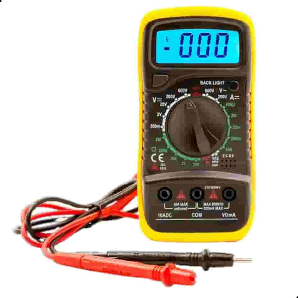 Multímetro Digital Profissional com Display Iluminado, Função HOLD, Mede AC/DC, hFE, Resistência e Continuidade – CAT II 1000V com Bateria Inclusa