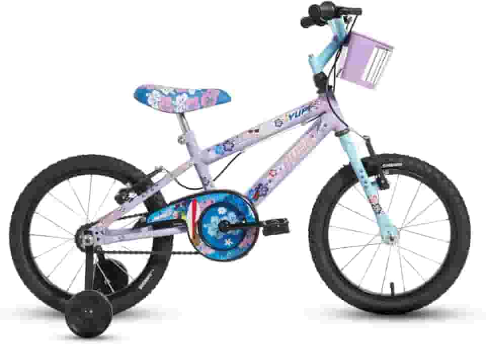 Bicicleta Infantil Aro 16, Lilás e Azul, Quadro em Aço Carbono, com Rodinhas Laterais, Cestinha Frontal, Tema Lilo Stich, para 4 a 8 Anos Husky
