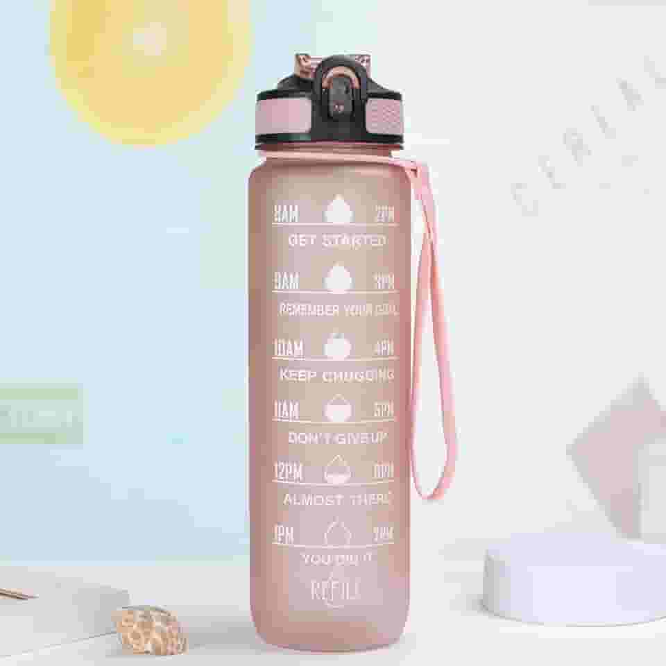 Garrafa de água de 1000 ml, à prova de vazamento de BPA e livre de tóxicos, garrafa esportiva motivacional com hora de beber e canudo, fitness com alça para escritório, academia, esportes ao ar livre