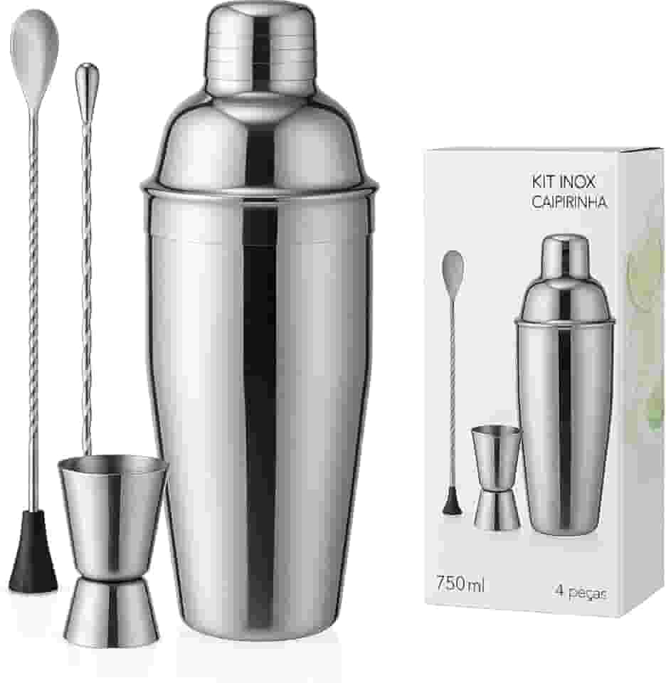 Kit Caipirinha Profissional, Coqueteleira modelo Cobbler, Aço Inox, 750m, 4 peças | Drinks, Cocktails, Batidas (INOX)