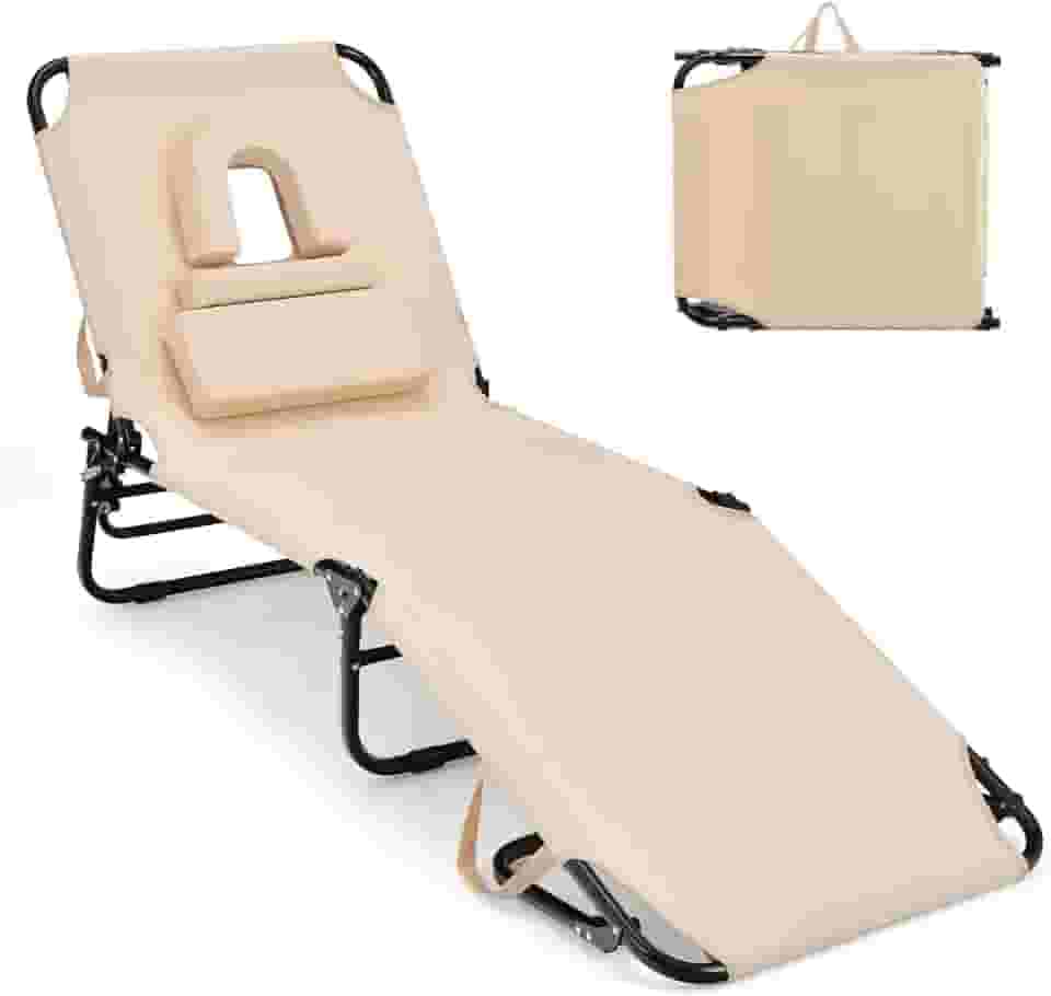 GYMAX Cadeira de bronzeamento, espreguiçadeira de praia de 158 kg com orifício para o rosto, travesseiro lavável e alça de transporte, espreguiçadeira dobrável ajustável, espreguiçadeira para