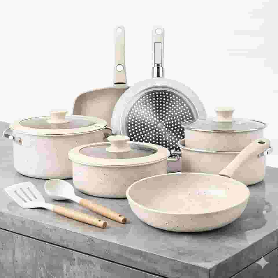 Conjunto de Panelas Cerâmica, 18 Peças, Antiaderente com Cabo Removível, Branco, Compatível com Fogão a Gás, Indução e Elétrico, Inclui Tampas e Utensílios de Silicone