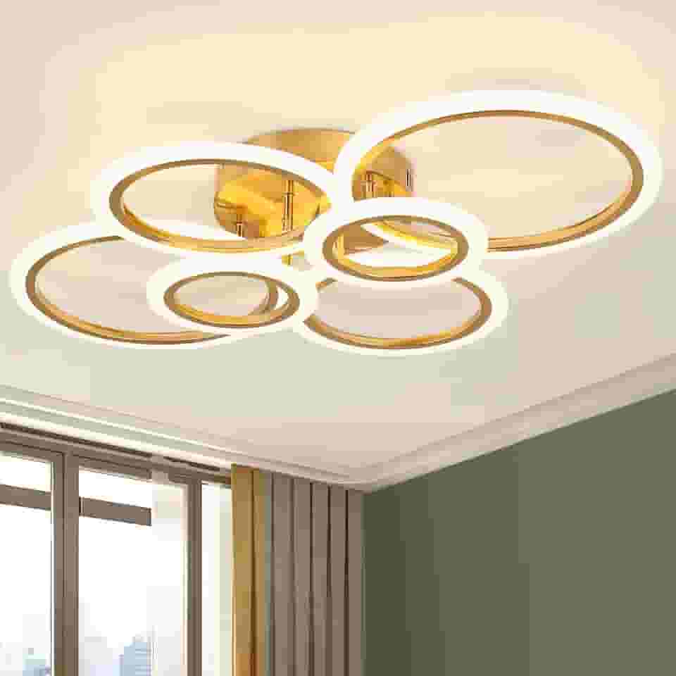 Luminária de Teto Minimalista 6 Anéis Dourada, Ajustável 3 Temperaturas de Cor, LED Dimerizável, Lustre Moderno para Cozinha, Quarto, Sala de Estar, Corredor (6 Anéis)