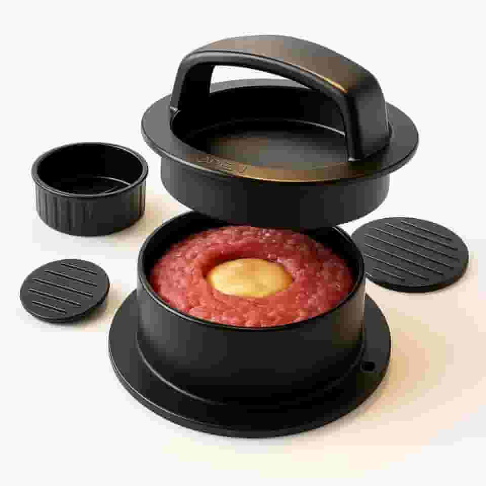 Forma para Hambúrguer Recheado 3 em 1 Premium - Hamburguer Gourmet Caseiro, Fácil Uso, Churrasco & Lanches