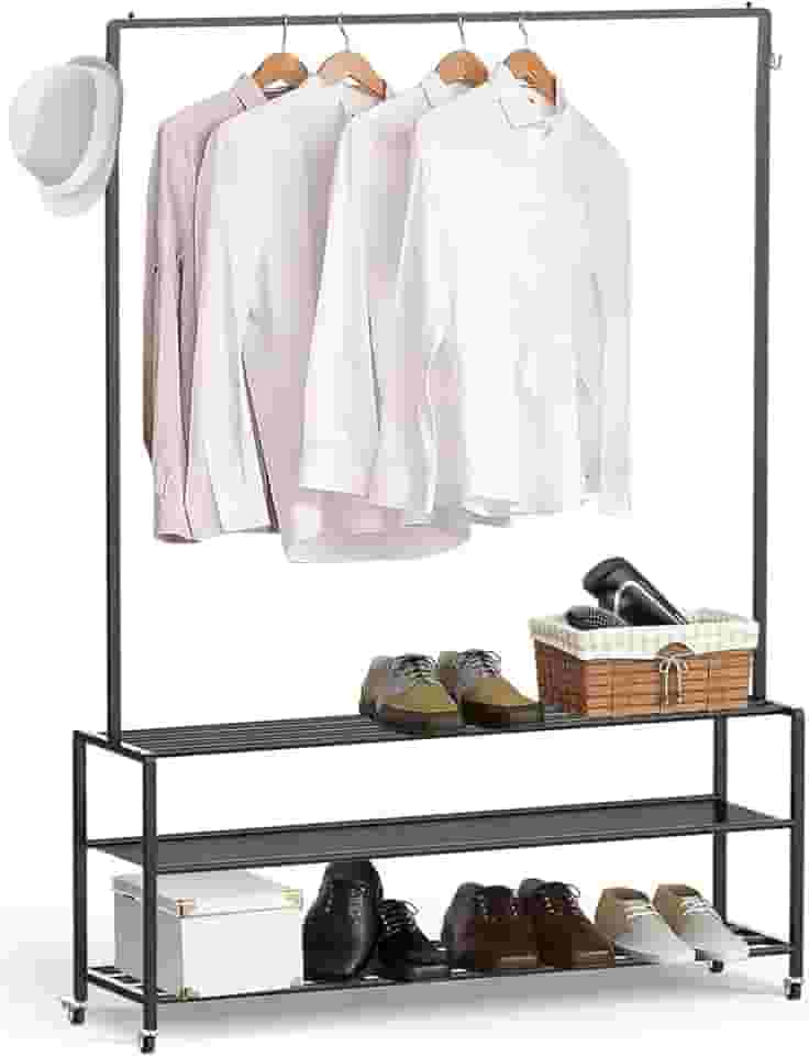 Arara de Roupas,Arara de Roupas Cabideiro,Cabideiro para Roupas com Duplo Organizador Sapateira,Cabideiro de Chão com Rodízios e Ganchos,Portátil, Multifuncional, Preto, 108 * 28 * 160CM