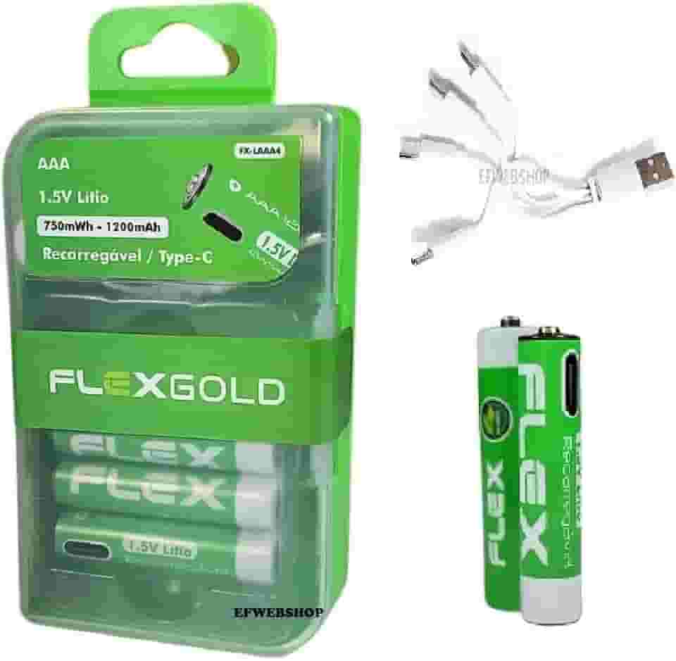 4 Pilhas Recarregáveis Flex AAA 1.5V de Lítio 1200mAh com Carregamento Direto via Cabo USB-C e LED Indicador de Carga mais Case Porta Pilhas