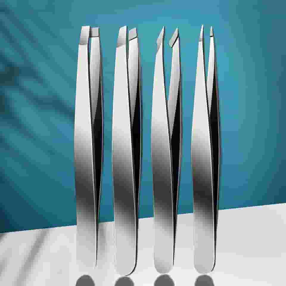 Conjunto de 4 pinças de aço inoxidável para modelar sobrancelhas, remoção de pelos faciais, lascas de pelos encravados, ferramentas de cuidados com precisão