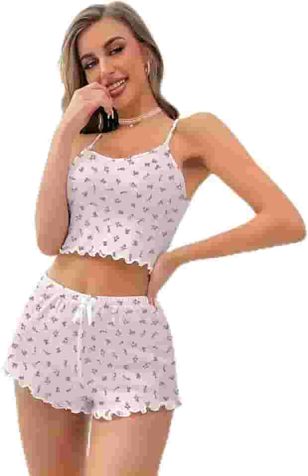 Conjunto de pijama feminino com nervuras, floral, conjunto de babados, blusa e shorts, 2 peças, pijama macio