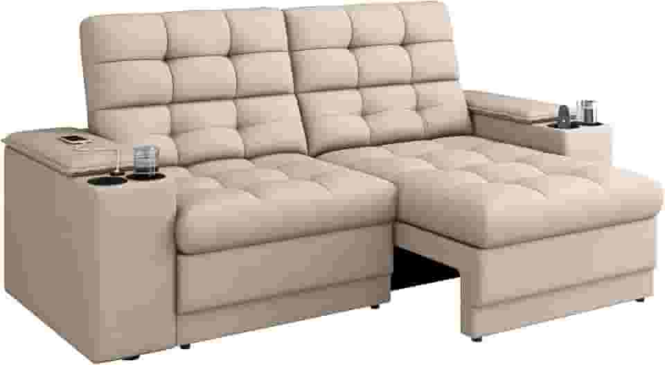 Sofá Confort Premium 1,70m Assento Retrátil/Reclinável porta copos e USB Suede Areia - XFlex Sofas
