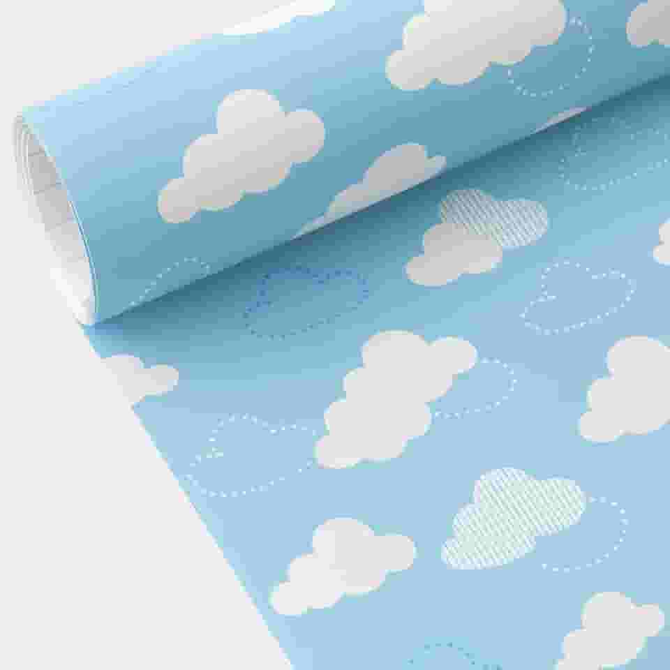 Papel de Parede Nuvens Azul e Branco, Infantil 5m x 45cm, Decorativo para Quarto de Criança