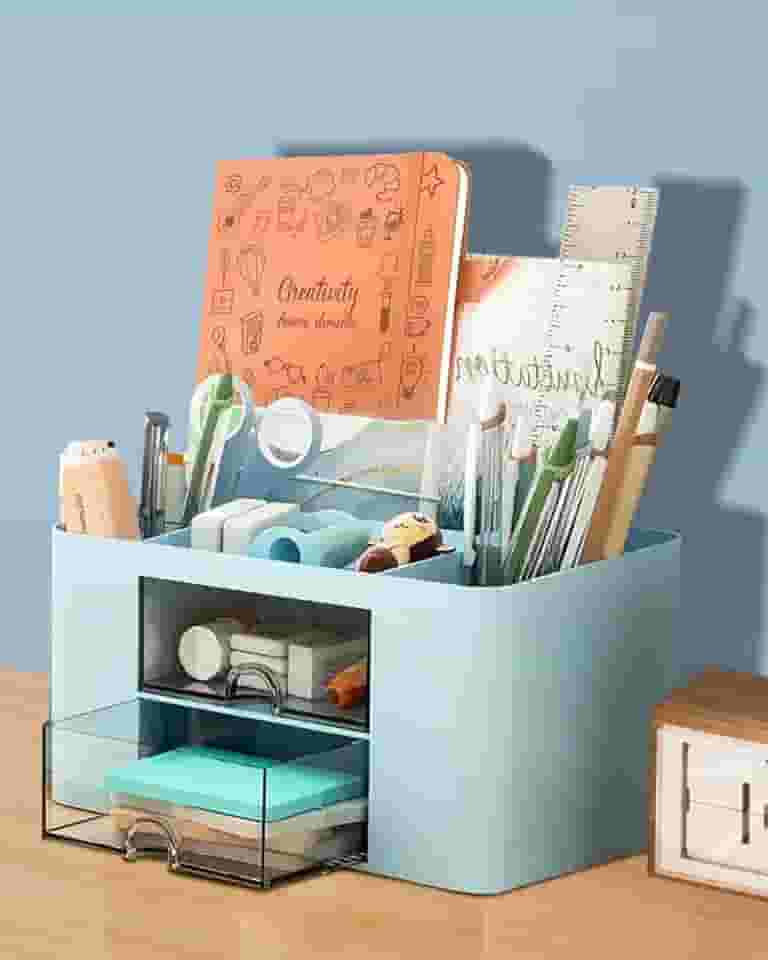 Organizador de mesa transparente de grande capacidade com gavetas - Caixa de armazenamento criativa minimalista para mesa de escritório, design transparente (azul) BLC1487-01