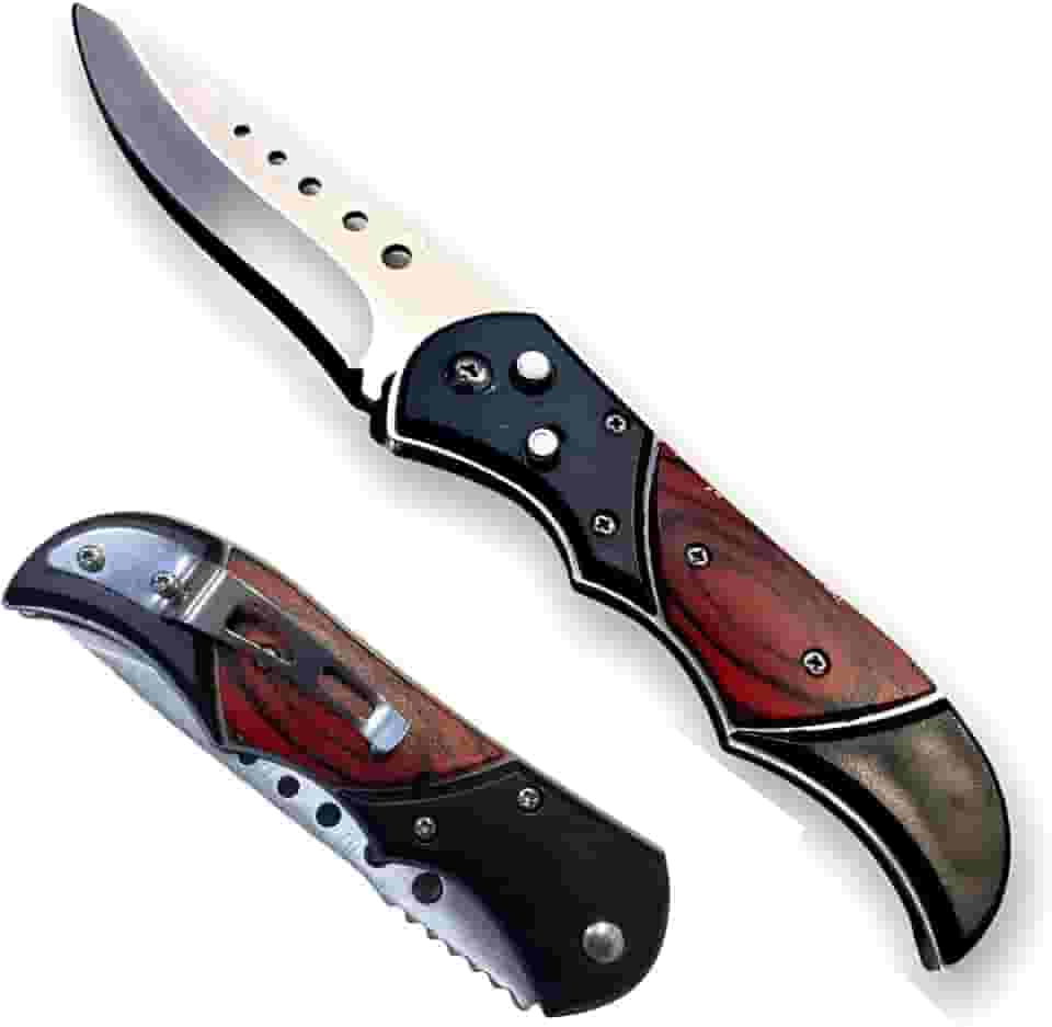 Canivete Tático Retrátil com Clip, Lâmina em Aço Inox, Cabo em Madeira e Metal, Preto e Vermelho