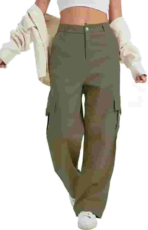 Calça cargo feminina, cintura alta, perna larga, elástica, sem fecho, calça casual com bolsos