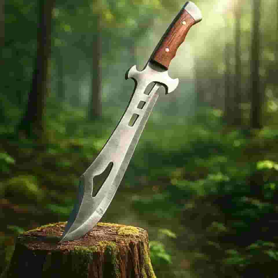 Faca de Aventura Robusta com Lâmina Forjada e Cabo de Madeira. Ideal para Camping, Trilhas e Sobrevivência. Acompanha Coldre de Couro Artesanal. (36 cm)