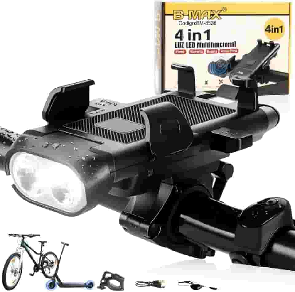 Lanterna Farol 4-em-1 para Bicicleta e Patinete — Luz LED, Buzina, Suporte de Celular e Power Bank Integrado para Trajetos Seguros