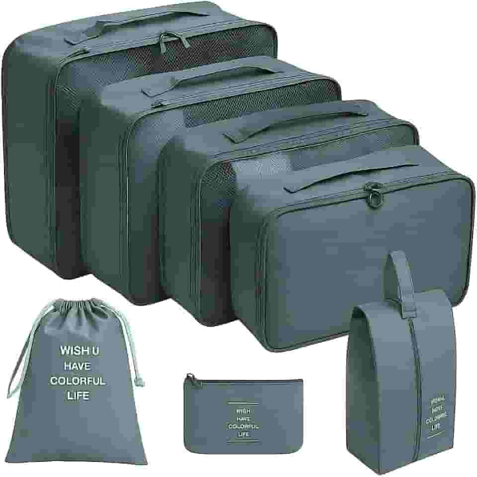 Kirk Kit Organizador de Malas Viagem 7 Peças, Cubos Organizadores Poliéster Premium, Bolsas e Necessaires para Roupas, Sapatos e Cosméticos (Cinza)