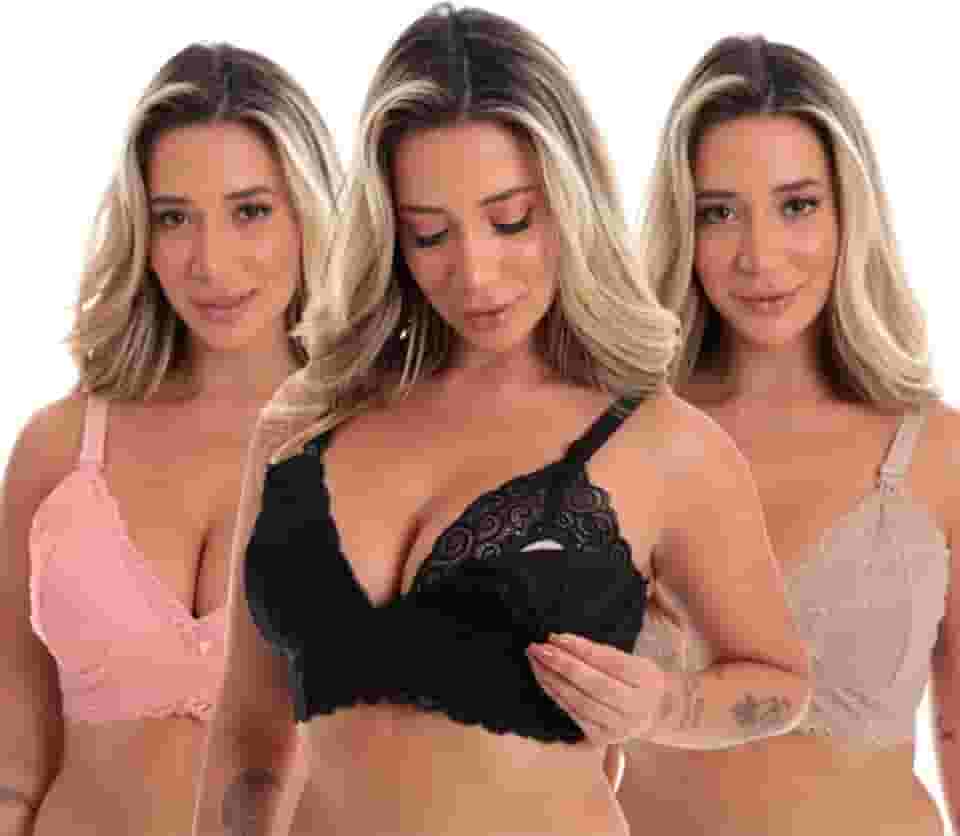Kit 3 Sutiã Amamentação Renda Reforçado Gestante Em Microfibra Preto Bege Rosa Adulto
