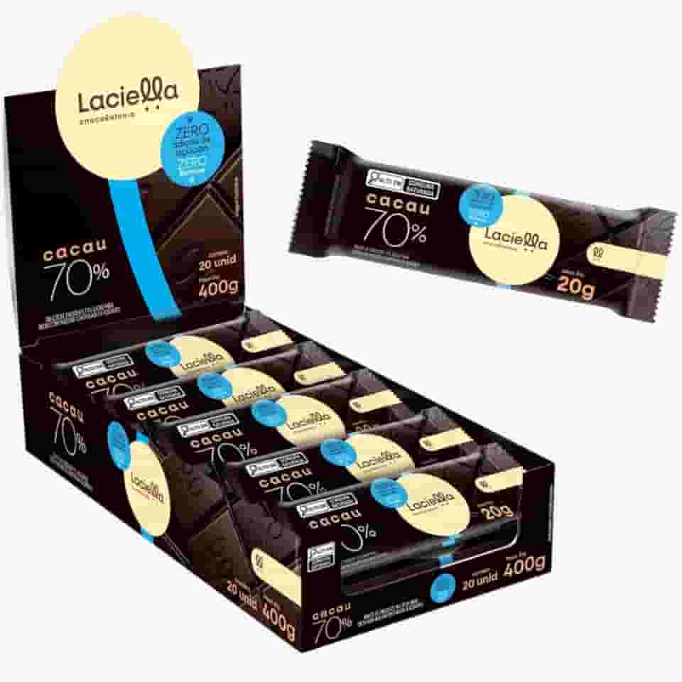 20 Tabletes de Chocolate Amargo 70% Cacau 20g Zero Adição de Açúçar e Zero Lactose Doce Saudável Fitness Dieta Low Sugar