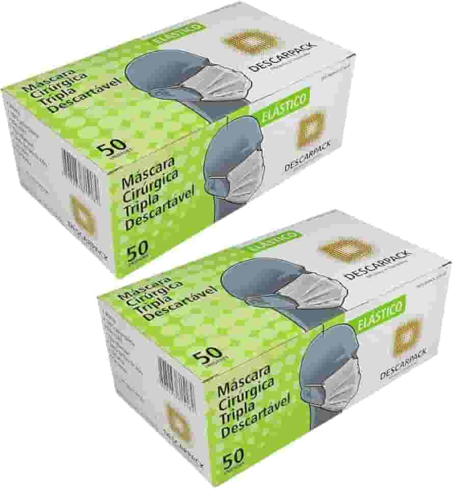 Kit Com 100 Máscaras Tripla Descartável Descarpack | Com Elástico | Branca | 2 Caixinhas