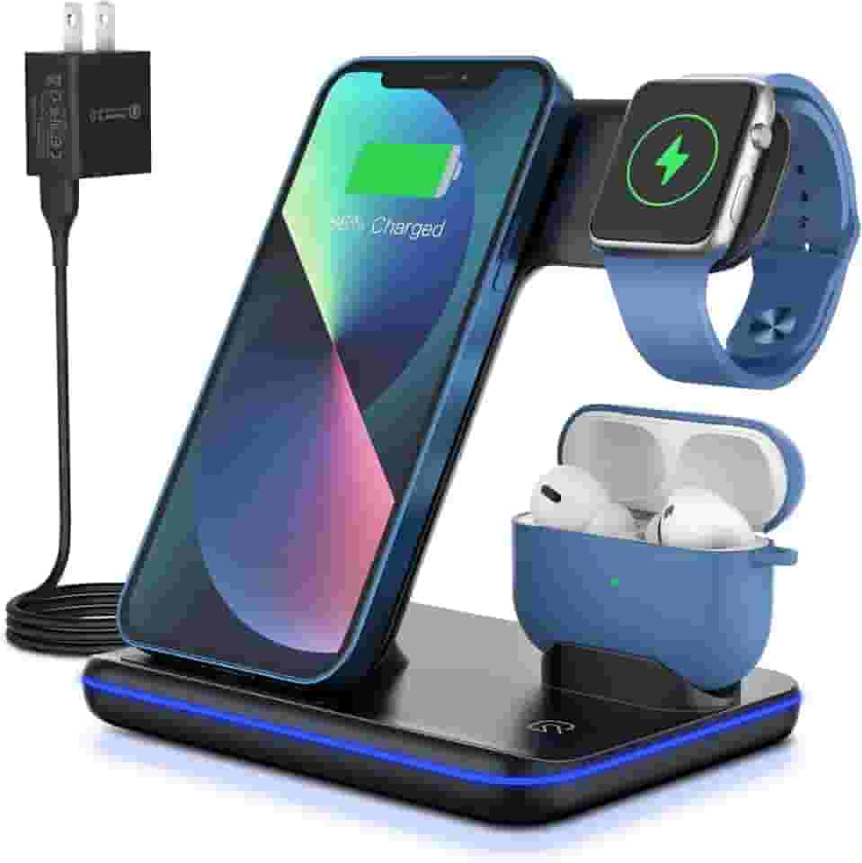 WAITIEE Carregador Sem Fio 3 Em 1, Estação de Carregamento Rápido de 15 W para Apple Iwatch Series Se/7/6/5/4/3/2, Airpods 3, Compatível com Iphone 13 Pro/Pro Max/Mini/12/11 Series/Xs/Xr