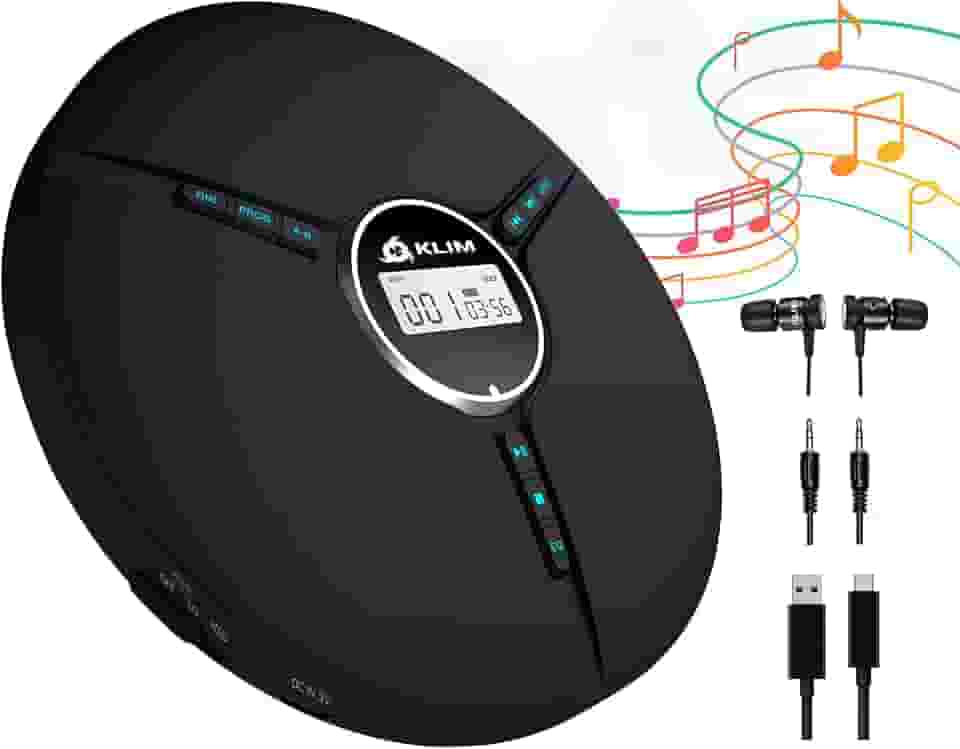 Klim Discman - CD Player portátil com bateria integrada, inclui fones de ouvido Klim Fusion. Mini CD Players, compatível com CD-R, CD-RW e MP3. CD Walkman – À prova de choque para viagens em casa e carro
