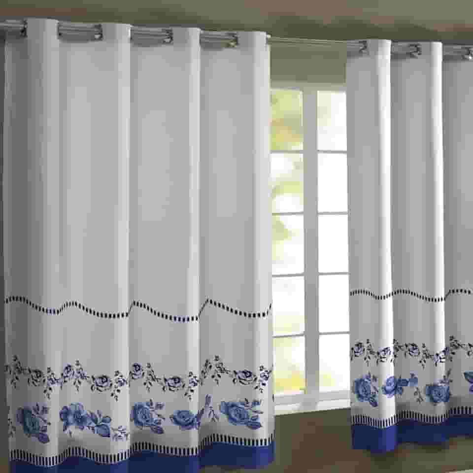 Cortina de Cozinha Estampada Gorgurinho 3,00m x 1,50m Com Ilhós (Flor Azul)