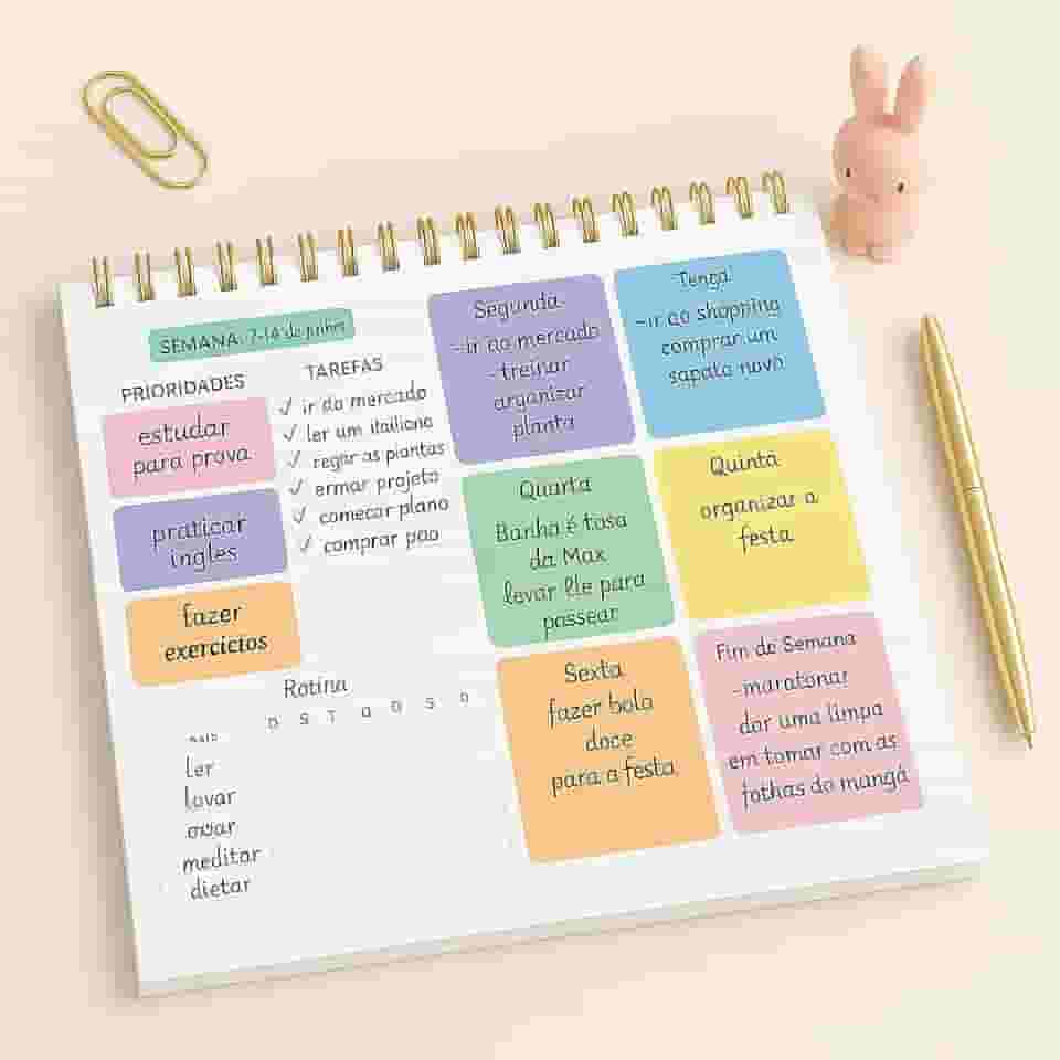 Planner Semanal Colorido 50 Folhas – Organização Pessoal, Escolar e Profissional com Espaço para Tarefas e Hábitos, Espiral Destacável, Blocos Diários