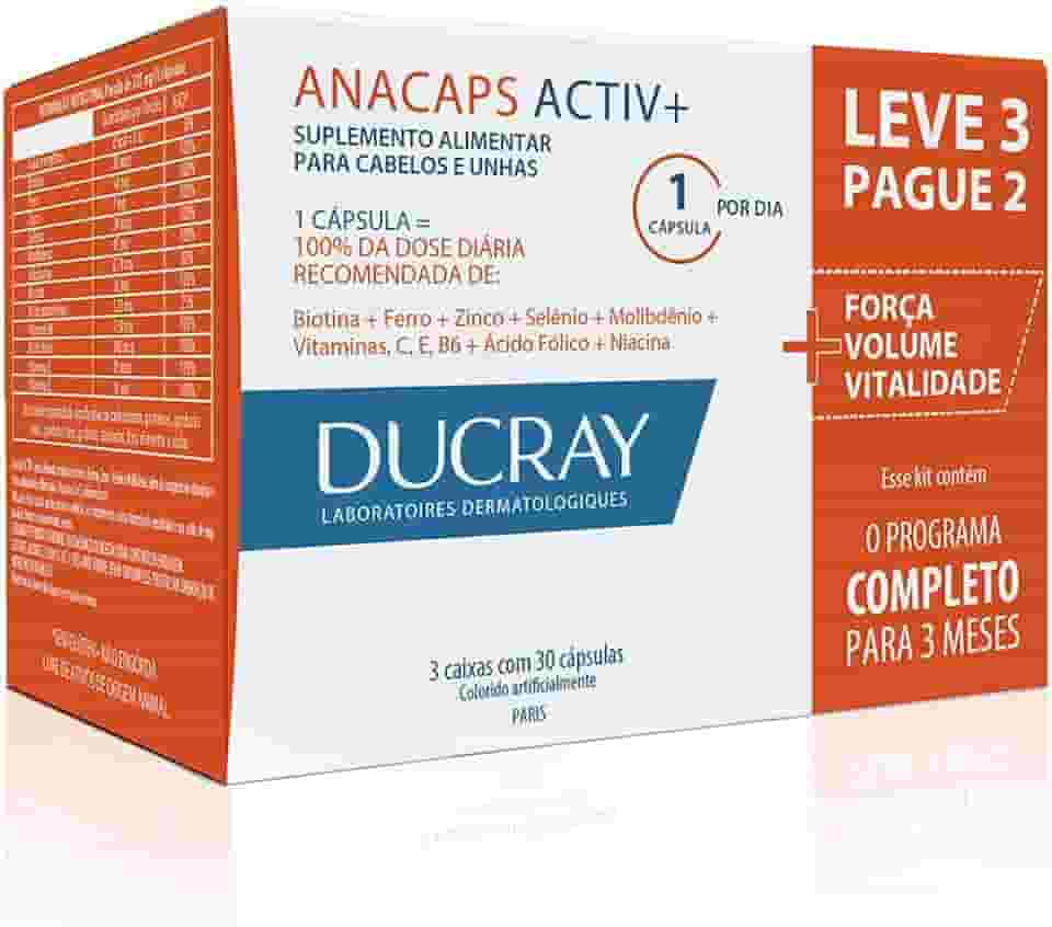 Ducray Anacaps Activ+ Kit Leve 3 Pague 2 Suplemento Antiqueda Capilar, Fortalece Cabelos Finos e Frágeis com Vitaminas e Minerais, Aumenta Densidade em 92%, Força em 95% e Volume em 87% em 3 Meses, Suplemento Alimentar