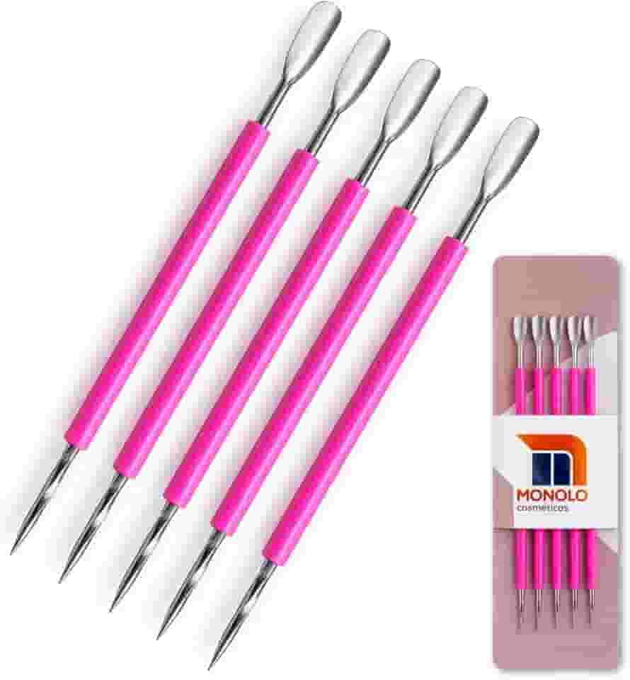 Kit 5 Espátula Curva Palito Silicone Manicure Cutelaria Cutícula Unha Inox Premium MONOLO (Rosa)