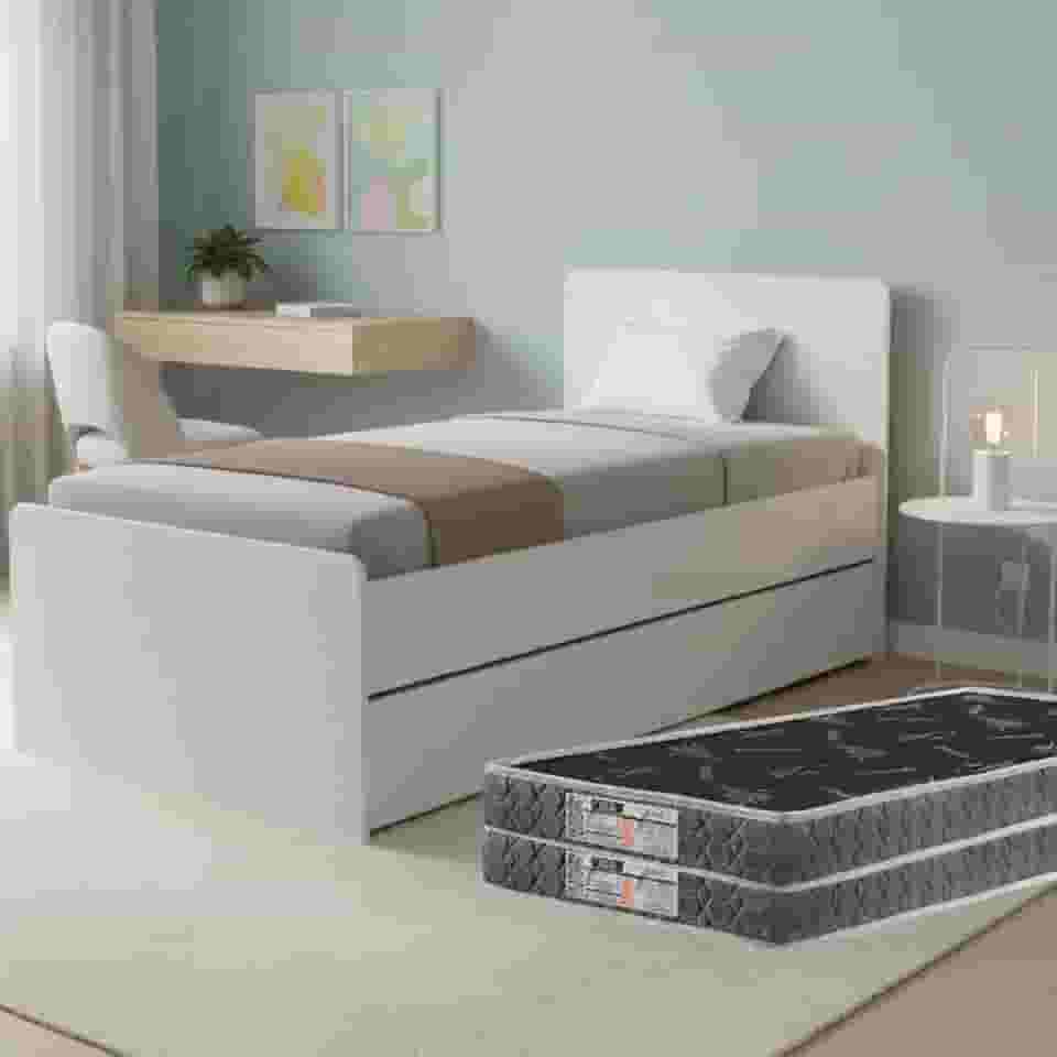 Bicama Solteiro com Cama Auxiliar e 2 Colchões D20, Estrutura Reforçada em MDF e Design Moderno para Quarto Compacto (Branco)