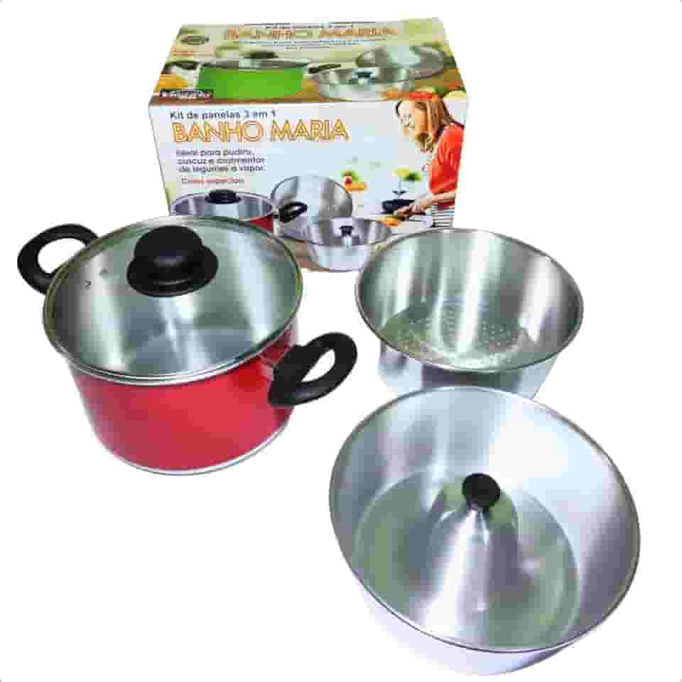Panela Banho Maria 3 em 1 Aluminio Forma Pudim Cuscuz e Cozimento de Legumes a Vapor Vieggio (Vermelho)