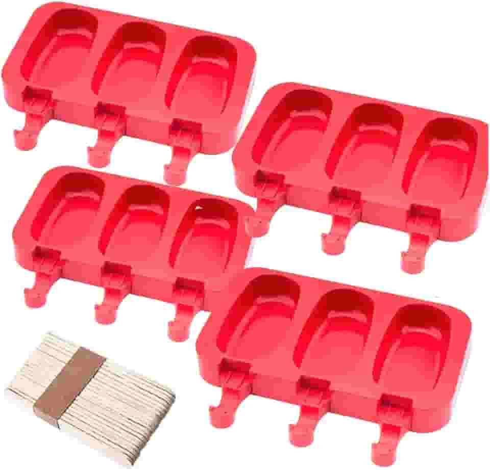 Kit 4 Formas de Picolé Magnum, Silicone, Formas com 200 Palitos Madeira, Molde para Sorvete, 19,2x14,5x2,5cm com Tampa e PALITOS REUTILIZÁVEIS