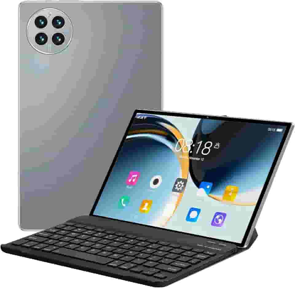 10,1 Polegadas Tablet com Caso, Teclado, Android 12 Tablet, 16GB RAM + 512GB ROM, WiFi, Bluetooth, 12000mAh-Cinza