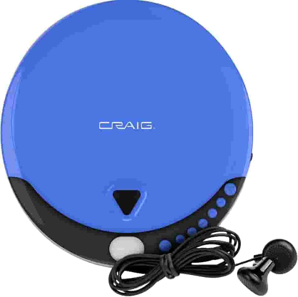 Craig Leitor de CD pessoal CD2808-BL com fones de ouvido em azul e preto | Leitor de CD portátil e programável | Compatível com CD/CD-R | Modos de reprodução aleatórios e repetidos |