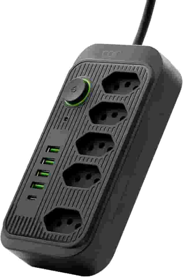 Extensão Tomada, Régua Tomada, Régua de Energia, 5 Tomadas, 4 Interfaces USB, 1 Porta USB Tipo-C, Cabo de Alimentação de 1,9 metros, Suporte a Tensão de 110-220V, Potência de 2500W (Preto)
