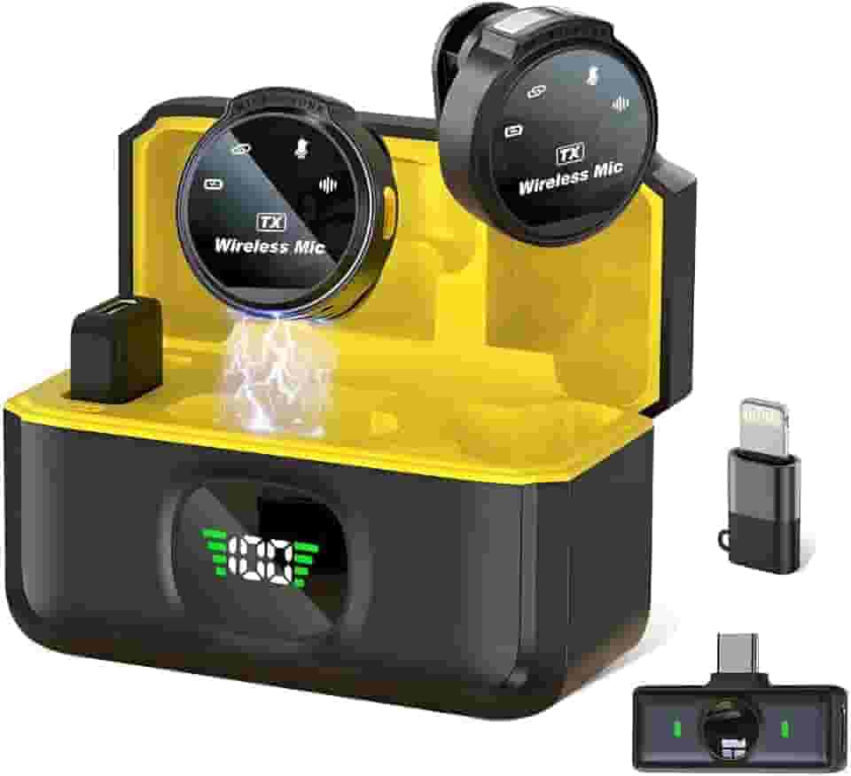 Microfone de Lapela Sem Fio Tipo C e Lightning Compatível com iPhone 11 12 13 14 15 16 Mackbook Smartphones Android Entrada USB-C PC Notebook Computador IA Anti ruído Kit Duplo Case de Carregamento