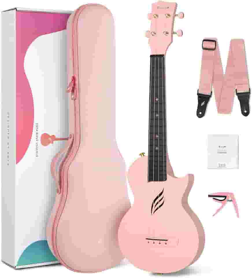 Ukulele concert Enya Nova U 58 cm, de fibra de carbono, ukulele de viagem com kit para iniciantes inclui aulas online (sem garantia de versão em português), estojo, alça, capo e cordas (rosa)