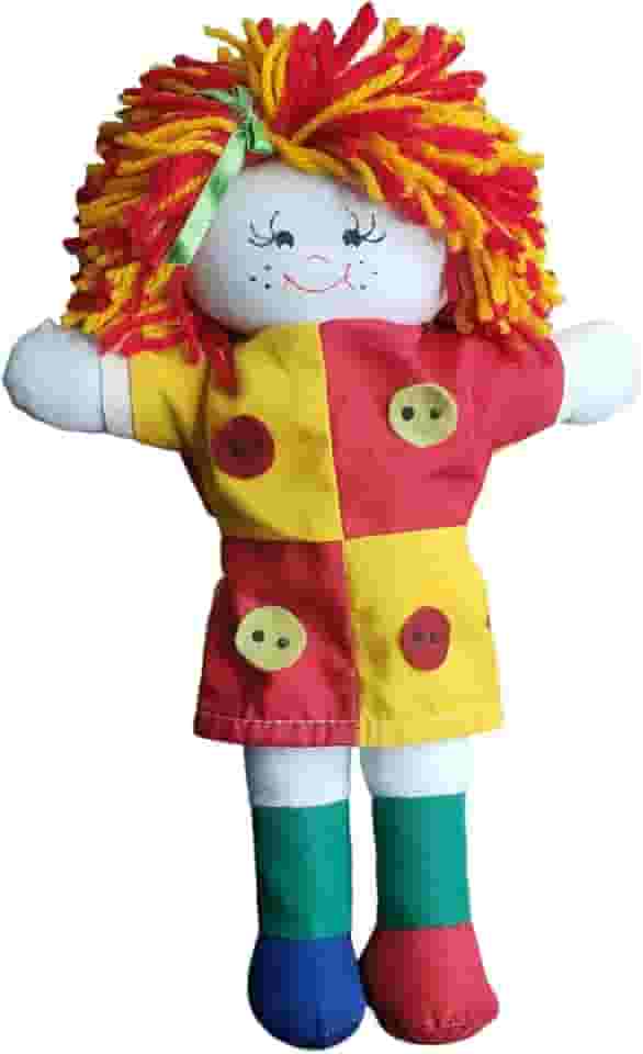 Boneca de Pano Emilía Artesanal Premium, Vestido Colorido, Cabelo Encaracolado