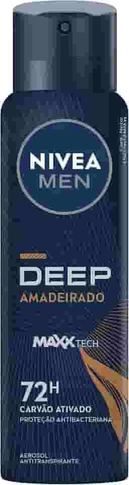 NIVEA MEN Desodorante Antitranspirante Aerossol Deep Amadeirado 150ml - Proteção prolongada de 48h, fórmula com carvão ativado, combate impurezas, antibacteriano, perfume prolongado