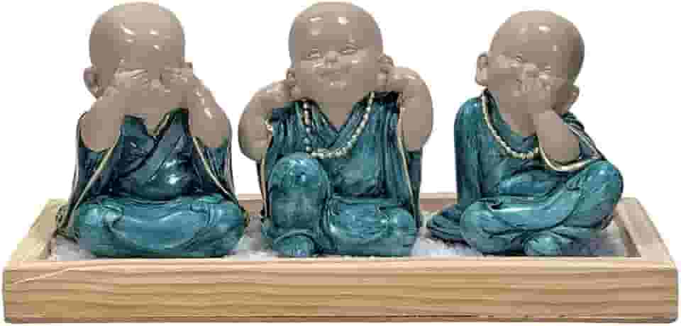 Kit Jardim Zen Buda Não Vejo/Escuto/Falo Na Madeira Natural (Turquesa)
