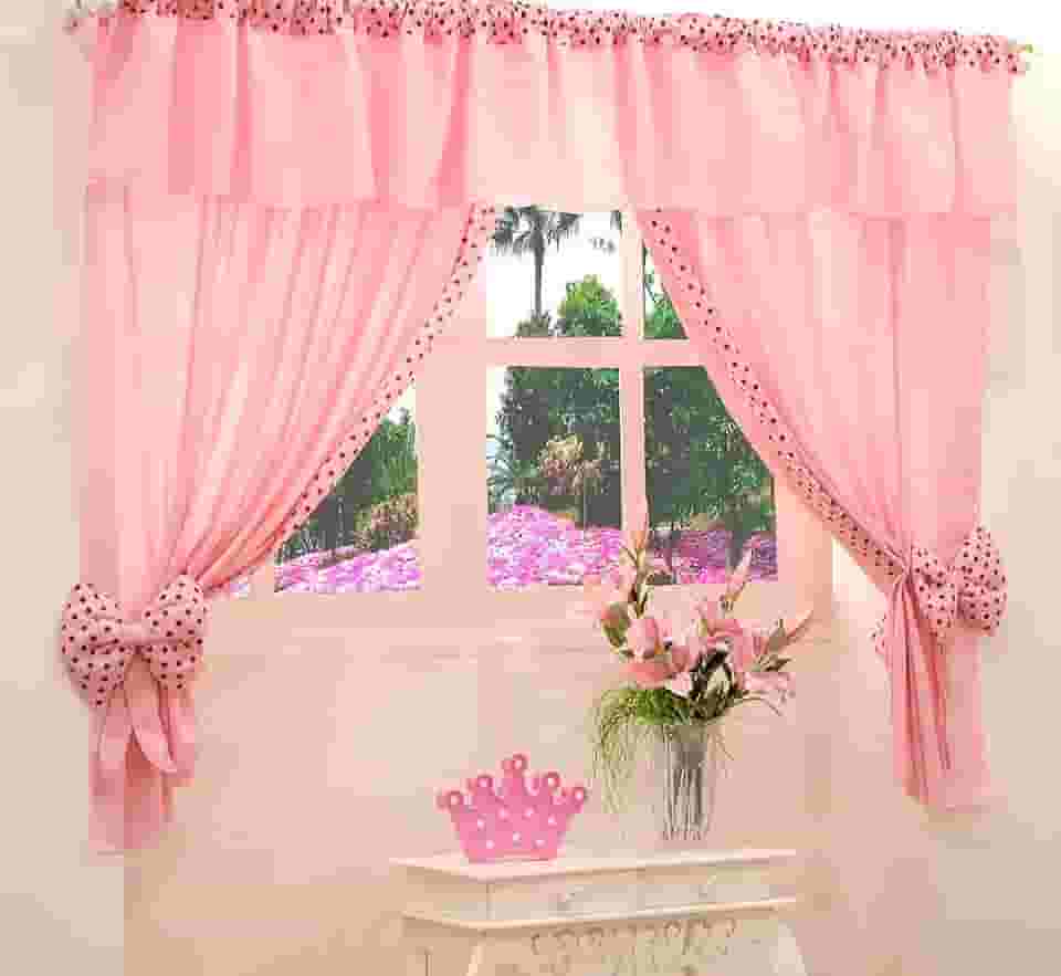 Cortina Bebê, Infantil e Juvenil Ursinha 2,20 m x 1,70 m para Varão Duplo 2,00 m com Bandô (Rosa)